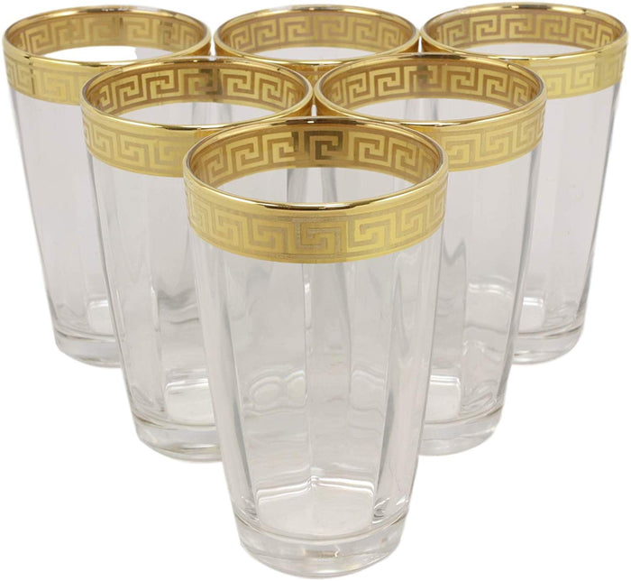 ebros gift Ebros Italian Import Gold Accent Greek Fret Key Rim 16oz Highball Glass Set of 6