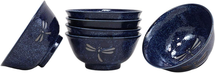 ebros gift Ebros Japan Made Blue Tombo Dragonfly Ochawan Rice Soup Porcelain Bowls Set of 6