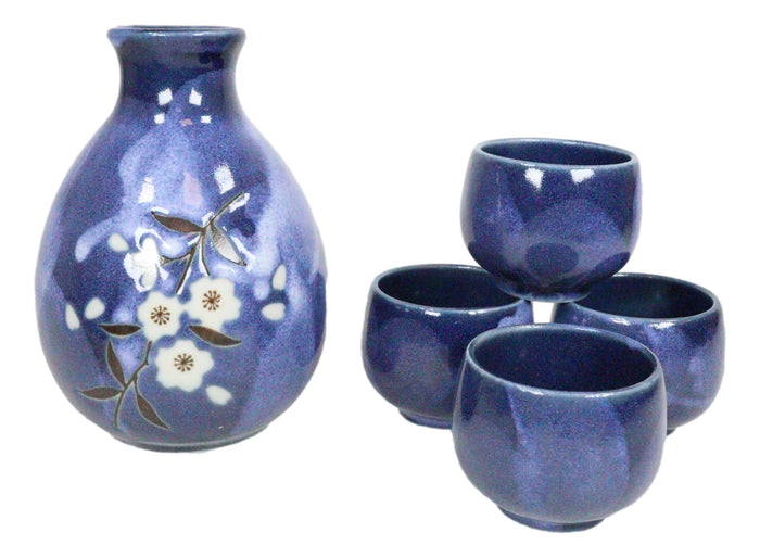 Ebros Gift Ebros Japanese 8oz Ceramic Blue Cherry Blossom Sake Set Flask With Four Cups Asian Japan Cultural Toast Decor Party Hosting Set