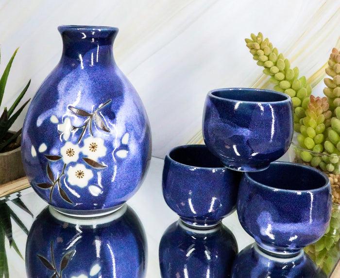 ebros gift Ebros Japanese 8oz Ceramic Blue Cherry Blossom Sake Set Flask With Four Cups Asian Japan Cultural Toast Decor Party Hosting Set