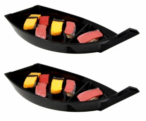 ebros gift Ebros Japanese Black Plastic Lacquer Sushi Fishing Boat Serving Plate Set of Two