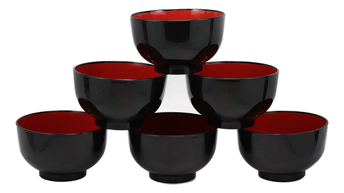ebros gift Ebros Japanese Black Red Lacquer Copolymer Plastic Rice Bowl Wood Grain Pattern Set 6
