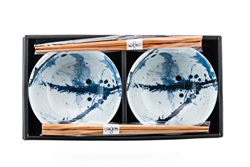 Ebros Gift Ebros Japanese Blue Splash Paint Abstract Design Porcelain Bowls With Chopsticks Set 2