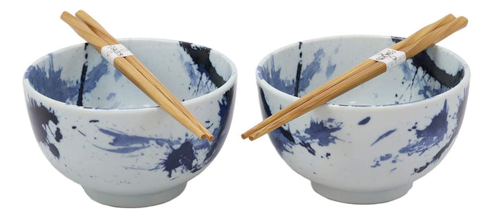 Ebros Gift Ebros Japanese Blue Splash Paint Abstract Design Porcelain Bowls With Chopsticks Set 2