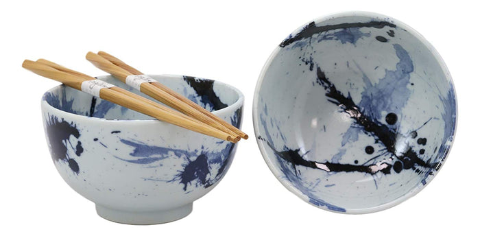 Ebros Gift Ebros Japanese Blue Splash Paint Abstract Design Porcelain Bowls With Chopsticks Set 2