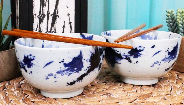 ebros gift Ebros Japanese Blue Splash Paint Abstract Design Porcelain Bowls With Chopsticks Set 2