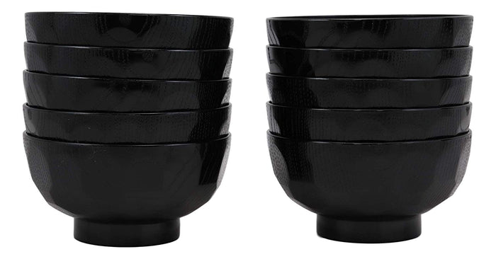 Ebros Gift Ebros Japanese Contemporary Black Lacquer Ridged Bowls Made In Japan Set Of 10