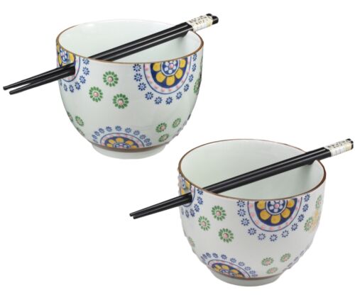 Ebros Gift Ebros Japanese Design Ceramic Spring Flowers Ramen Noodles Bowl & Chopsticks Set Of 2