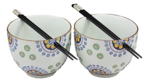 ebros gift Ebros Japanese Design Ceramic Spring Flowers Ramen Noodles Bowl & Chopsticks Set of 2