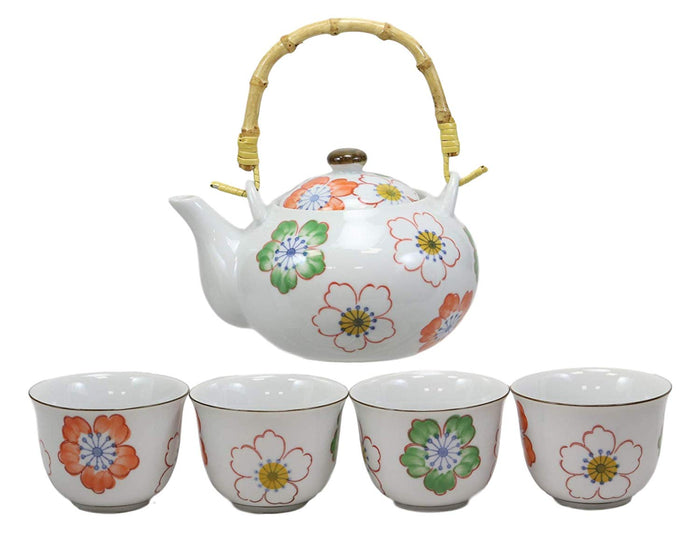 Ebros Gift Ebros Japanese Design Colorful Botanic Floral Design Porcelain White Tea Pot 22oz And Cups Set Serves 4 Guests Home Decor Asian Fusion Zen Fengshui Decorative Teasets Birthday Housewarming Gifts