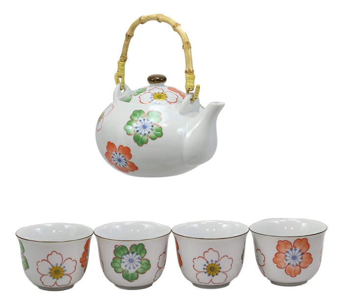 Ebros Gift Ebros Japanese Design Colorful Botanic Floral Design Porcelain White Tea Pot 22oz And Cups Set Serves 4 Guests Home Decor Asian Fusion Zen Fengshui Decorative Teasets Birthday Housewarming Gifts