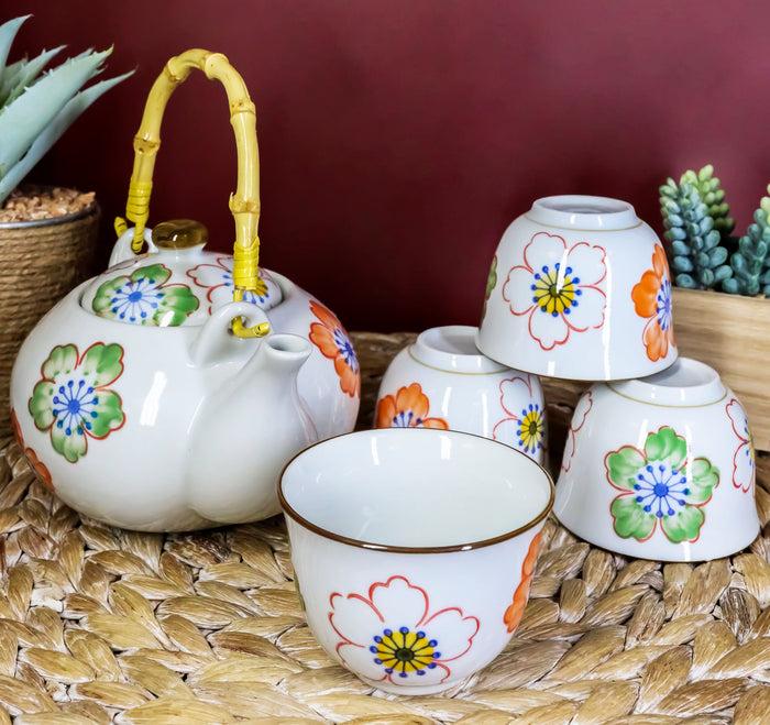 ebros gift Ebros Japanese Design Colorful Botanic Floral Design Porcelain White Tea Pot 22oz and Cups Set Serves 4 Guests Home Decor Asian Fusion Zen Fengshui Decorative Teasets Birthday Housewarming Gifts