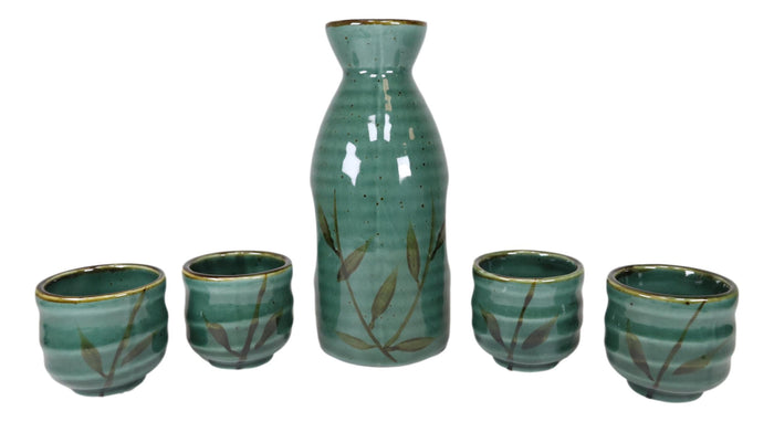 Ebros Gift Ebros Japanese Design Porcelain Wetlands Reed Rice Wine Sake Flask With Four Cups Set