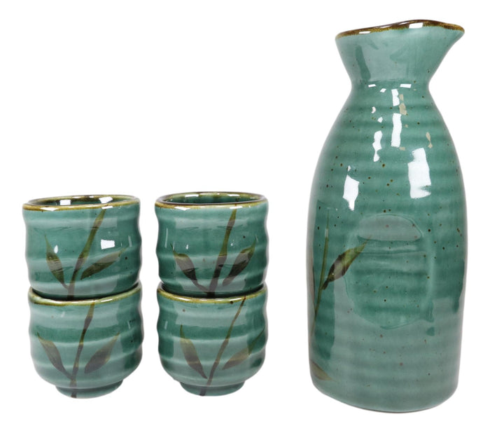 Ebros Gift Ebros Japanese Design Porcelain Wetlands Reed Rice Wine Sake Flask With Four Cups Set