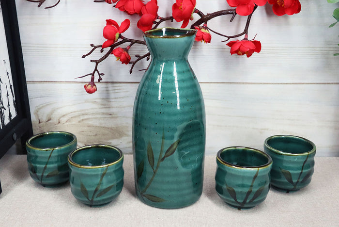 ebros gift Ebros Japanese Design Porcelain Wetlands Reed Rice Wine Sake Flask With Four Cups Set