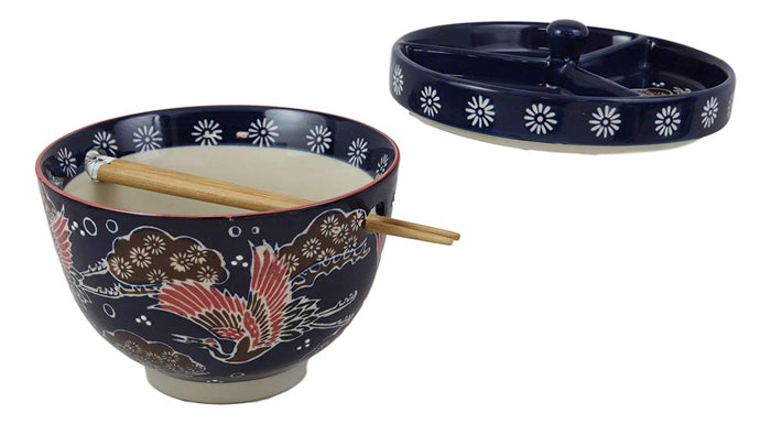 Ebros Gift Ebros Japanese Dining Tempura Udon Noodles And Tentsuyu Dipping Sauce Large 6"D Bowl With Condiment Divider Lid And Built In Chopsticks Rest With Bamboo Chopsticks Set (Blue Japanese Stork)