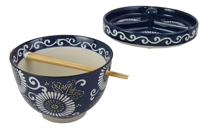 Ebros Gift Ebros Japanese Dining Tempura Udon Noodles And Tentsuyu Dipping Sauce Large 6"D Bowl With Condiment Divider Lid And Built In Chopsticks Rest With Bamboo Chopsticks Set (Blue Winter Fauna)