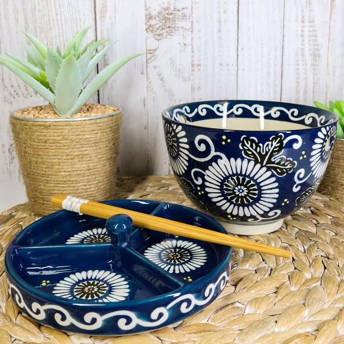 ebros gift Ebros Japanese Dining Tempura Udon Noodles And Tentsuyu Dipping Sauce Large 6"D Bowl With Condiment Divider Lid And Built In Chopsticks Rest With Bamboo Chopsticks Set (Blue Winter Fauna)