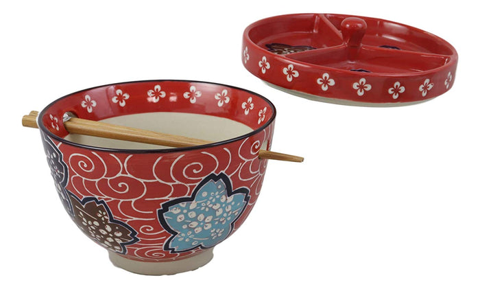 Ebros Gift Ebros Japanese Dining Tempura Udon Noodles And Tentsuyu Dipping Sauce Large 6"D Bowl With Condiment Divider Lid And Built In Chopsticks Rest With Bamboo Chopsticks Set (Red Floral Breeze)