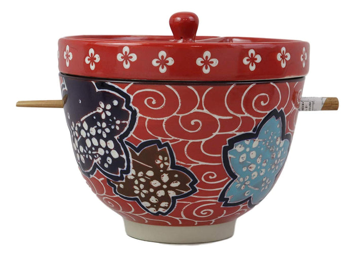 Ebros Gift Ebros Japanese Dining Tempura Udon Noodles And Tentsuyu Dipping Sauce Large 6"D Bowl With Condiment Divider Lid And Built In Chopsticks Rest With Bamboo Chopsticks Set (Red Floral Breeze)