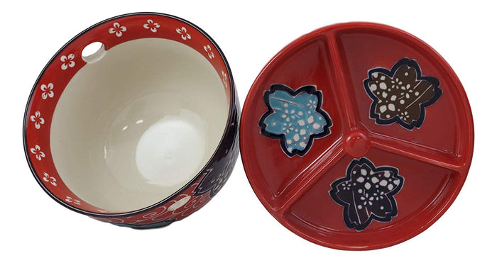 Ebros Gift Ebros Japanese Dining Tempura Udon Noodles And Tentsuyu Dipping Sauce Large 6"D Bowl With Condiment Divider Lid And Built In Chopsticks Rest With Bamboo Chopsticks Set (Red Floral Breeze)