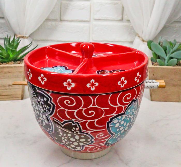 ebros gift Ebros Japanese Dining Tempura Udon Noodles And Tentsuyu Dipping Sauce Large 6"D Bowl With Condiment Divider Lid And Built In Chopsticks Rest With Bamboo Chopsticks Set (Red Floral Breeze)