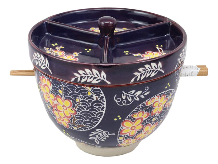 Ebros Gift Ebros Japanese Dining Tempura Udon Noodles And Tentsuyu Dipping Sauce Large 6"D Bowl With Condiment Divider Lid And Built In Chopsticks Rest With Bamboo Chopsticks Set (Blue Spring Blossoms)