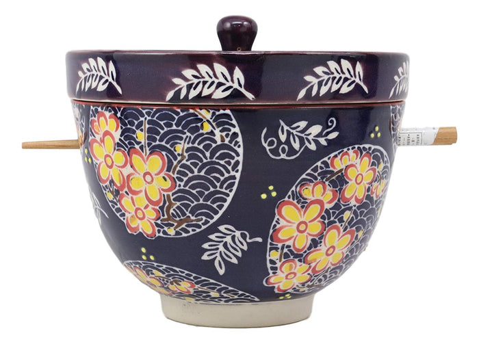 Ebros Gift Ebros Japanese Dining Tempura Udon Noodles And Tentsuyu Dipping Sauce Large 6"D Bowl With Condiment Divider Lid And Built In Chopsticks Rest With Bamboo Chopsticks Set (Blue Spring Blossoms)