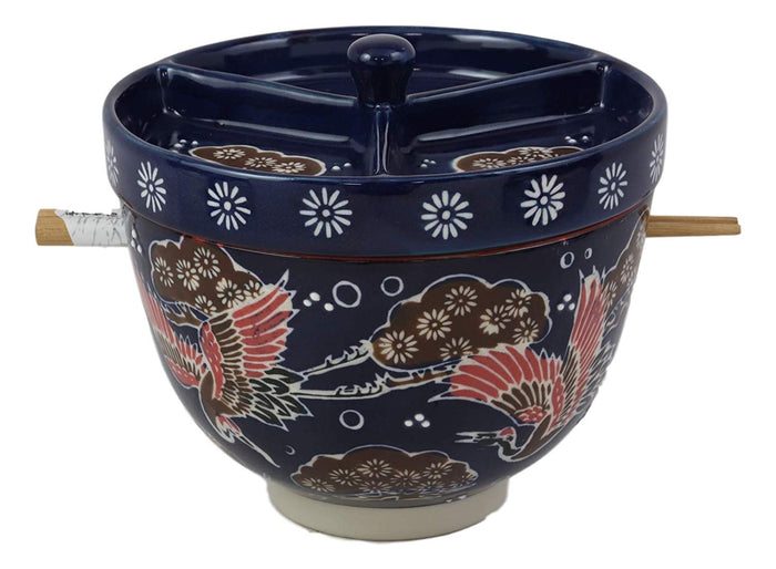 ebros gift Ebros Japanese Dining Tempura Udon Noodles And Tentsuyu Dipping Sauce Large 6"D Bowl With Condiment Divider Lid And Built In Chopsticks Rest With Bamboo Chopsticks Set (Blue Japanese Stork)