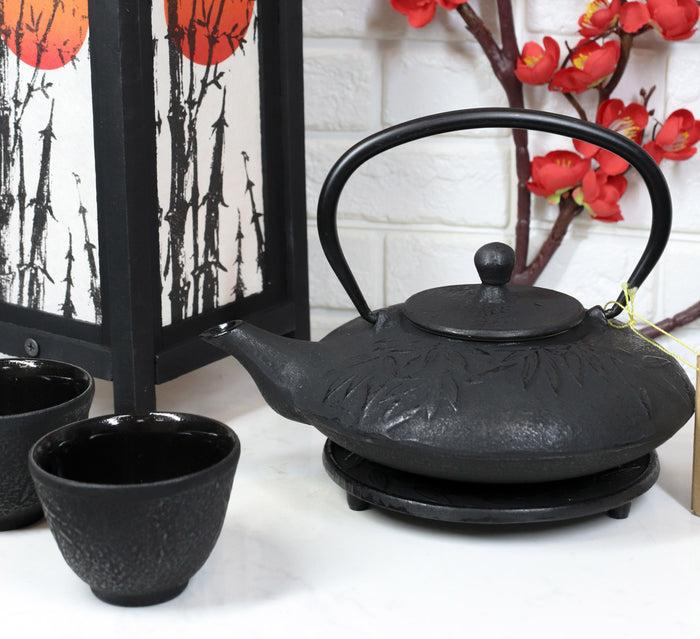 ebros gift Ebros Japanese Forest Black Heavy Cast Iron Tea Pot Set With Trivet and Cups Set