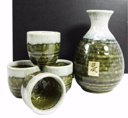 Ebros Gift Ebros Japanese Glazed Earthenware 10oz Sandy Earth Art Sake Flask W/ Four Cups