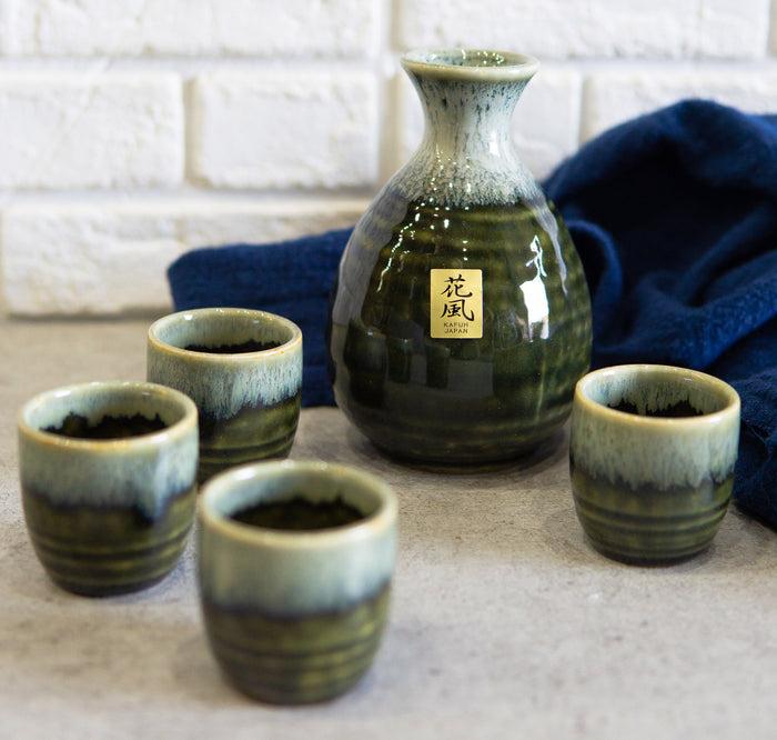 ebros gift Ebros Japanese Glazed Earthenware 10oz Sandy Earth Art Sake Flask W/ Four Cups