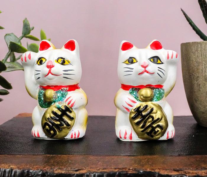 ebros gift Ebros Japanese Luck and Fortune Charm White Beckoning Cat Maneki Neko Ceramic Figurines Set of 2 with Right and Left Paws Feng Shui Lucky Energy Cats Collectible Statues