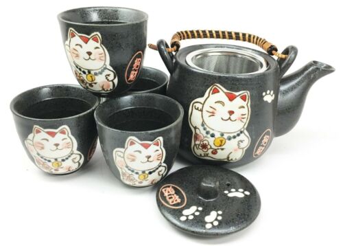 Ebros Gift Ebros Japanese Maneki Neko Cat Black Tea Set Pot And Cups Serves 4 Ceramic Decor