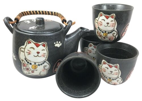 Ebros Gift Ebros Japanese Maneki Neko Cat Black Tea Set Pot And Cups Serves 4 Ceramic Decor