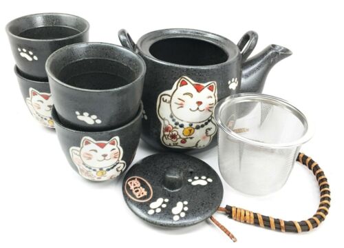 Ebros Gift Ebros Japanese Maneki Neko Cat Black Tea Set Pot And Cups Serves 4 Ceramic Decor