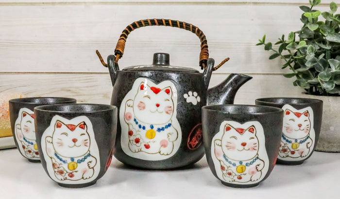 ebros gift Ebros Japanese Maneki Neko Cat Black Tea Set Pot and Cups Serves 4 Ceramic Decor