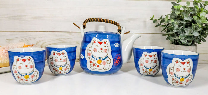 Ebros Gift Ebros Japanese Maneki Neko Lucky Charm Cat Blue Tea Pot And Cups Set Serves 4