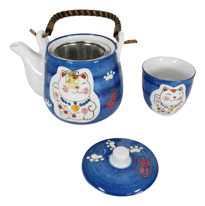 Ebros Gift Ebros Japanese Maneki Neko Lucky Charm Cat Blue Tea Pot And Cups Set Serves 4