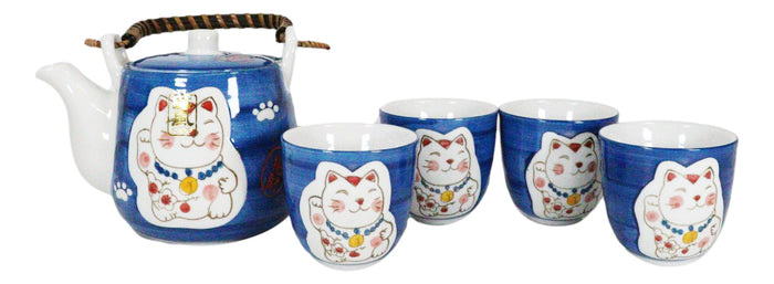 Ebros Gift Ebros Japanese Maneki Neko Lucky Charm Cat Blue Tea Pot And Cups Set Serves 4