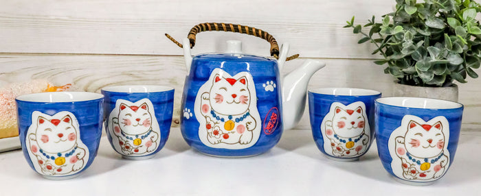 ebros gift Ebros Japanese Maneki Neko Lucky Charm Cat Blue Tea Pot and Cups Set Serves 4