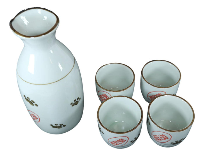 Ebros Gift Ebros Japanese Maneki Neko Lucky Charm Cat Ceramic White Sake Set Flask With Four Cups