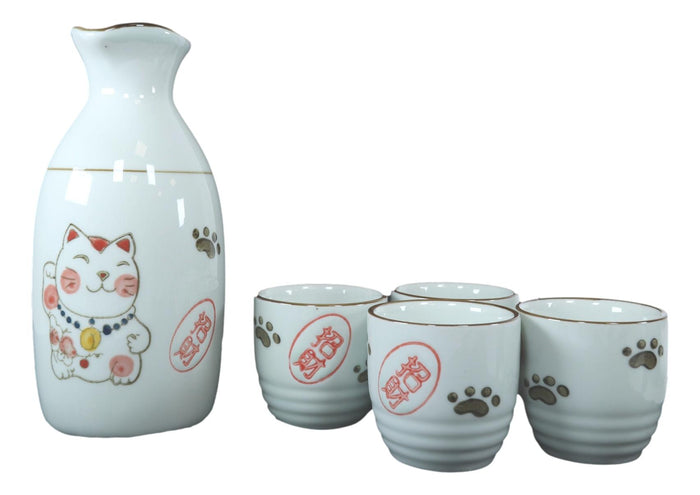 Ebros Gift Ebros Japanese Maneki Neko Lucky Charm Cat Ceramic White Sake Set Flask With Four Cups