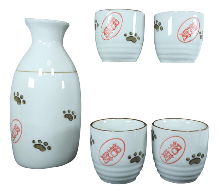 Ebros Gift Ebros Japanese Maneki Neko Lucky Charm Cat Ceramic White Sake Set Flask With Four Cups