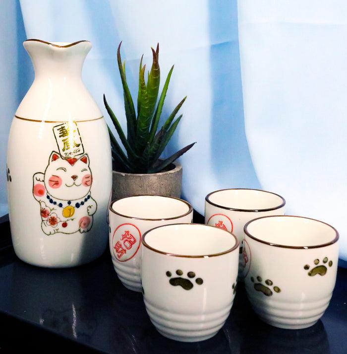 ebros gift Ebros Japanese Maneki Neko Lucky Charm Cat Ceramic White Sake Set Flask With Four Cups