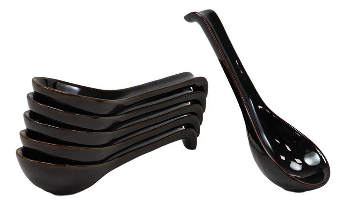 Ebros Gift Ebros Japanese Modern Porcelain Soup Spoons With Ladle Hook Pack Of 6 (Black)