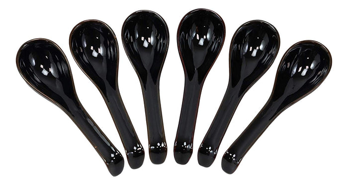 ebros gift Ebros Japanese Modern Porcelain Soup Spoons With Ladle Hook Pack Of 6 (Black)