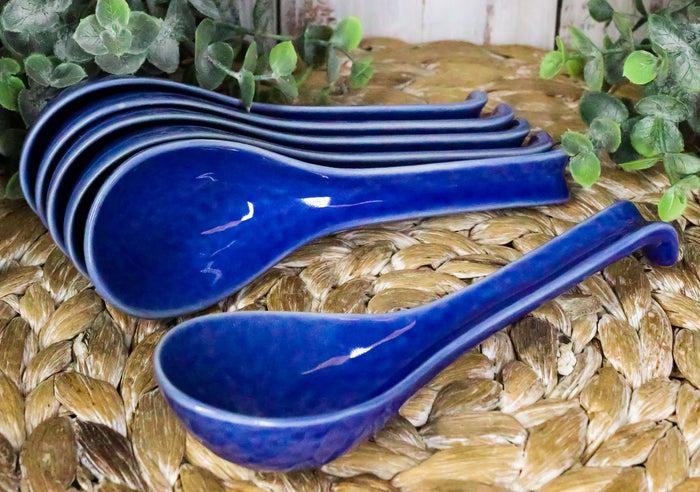ebros gift Ebros Japanese Modern Porcelain Soup Spoons With Ladle Hook Pack Of 6 (Blue)