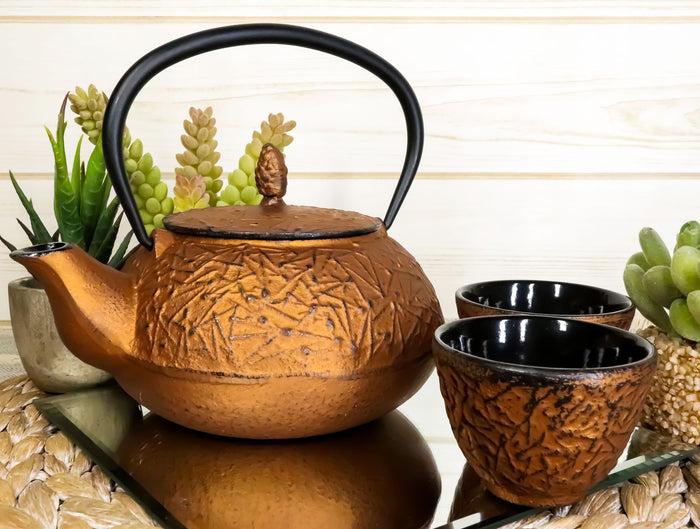 Ebros Gift Ebros Japanese Pine Copper Finish Matchstick Pattern Heavy Cast Iron Tea Pot And Cups Set Serves 2