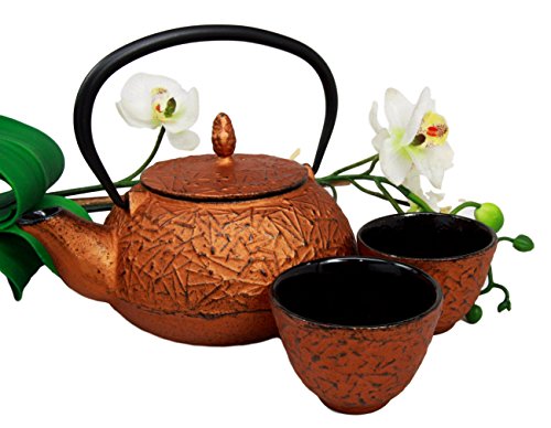 Ebros Gift Ebros Japanese Pine Copper Finish Matchstick Pattern Heavy Cast Iron Tea Pot And Cups Set Serves 2